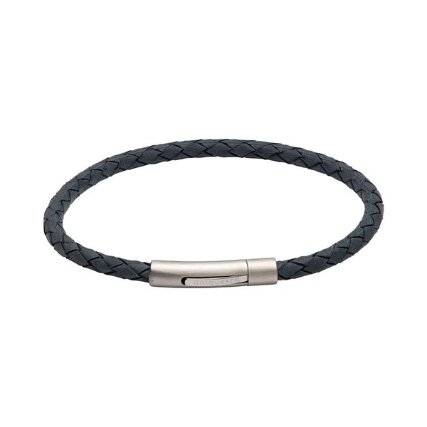 Unique & Co Men’s Skinny Antique Blue Leather Bracelet with Polished Steel Pusher Size 19cm