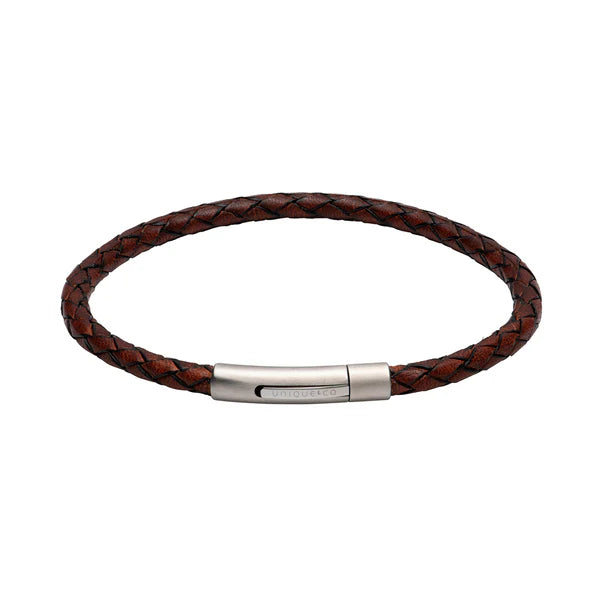 Unique & Co Men’s Skinny Antique Dark Brown Leather Bracelet with Polished Steel Pusher Size 19cm