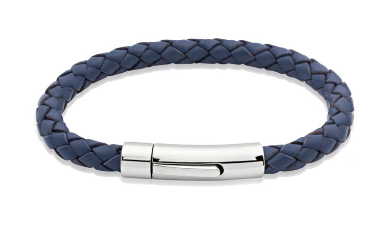 Unique & Co Men’s Blue Leather Bracelet with Polished Steel Pusher Clasp Size 19cm
