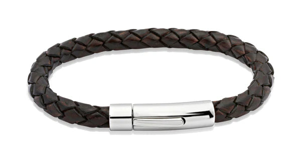 Unique & Co Dark Brown Leather Bracelet with Polished Steel Pusher Clasp Size 19cm
