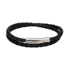 Unique & Co Women’s Black Double Leather Bracelet with Steel Pusher Clasp Size 19cm