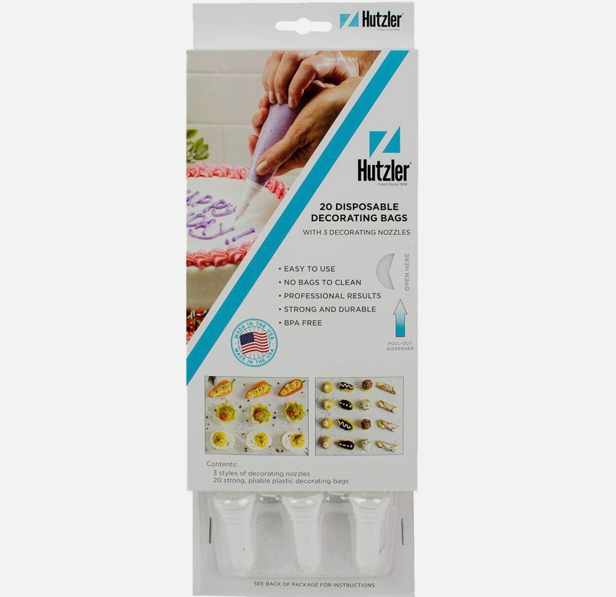Hutzler 20 Disposable Decorating Bags & 3 Nozzles Set BPA Free