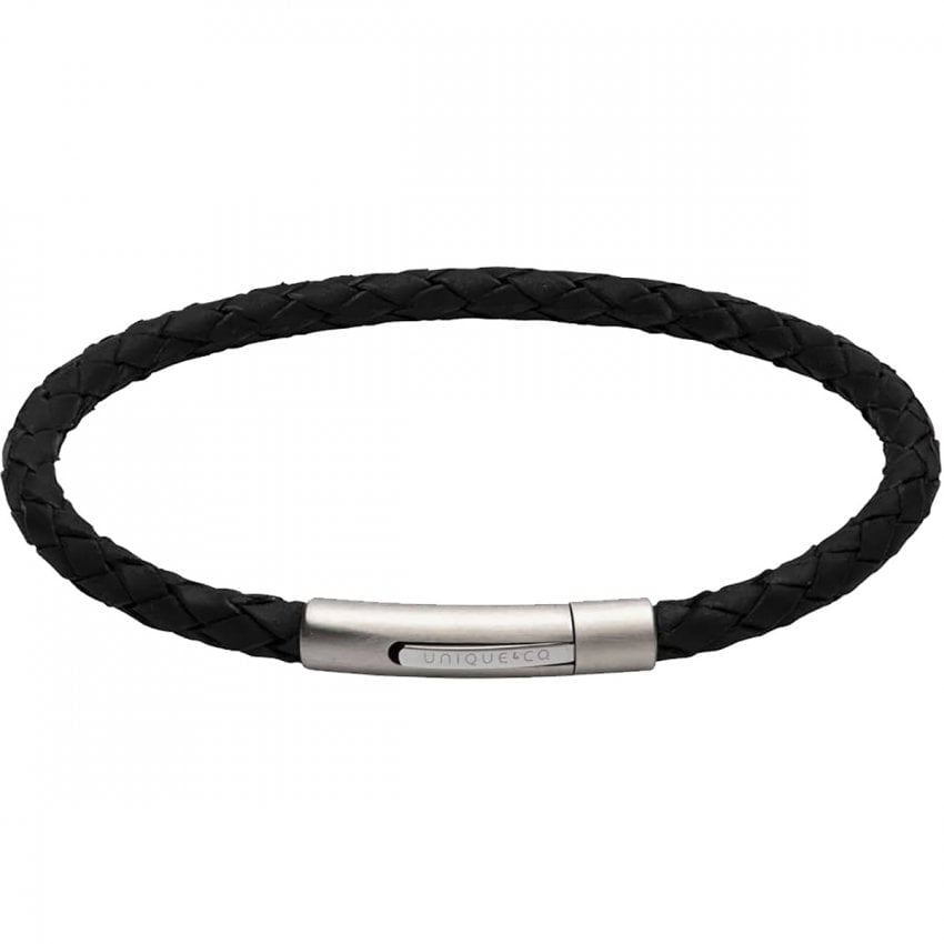Unique & Co Men’s Black Leather Bracelet with Matte/Polished Steel Clasp
