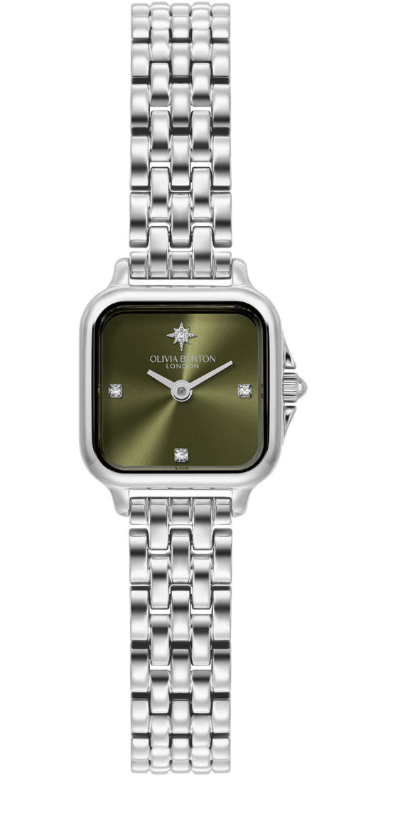 Olivia Burton Mini Grosvenor Watch Sage Dial With North Star Stainless Steel Bracelet 20mm