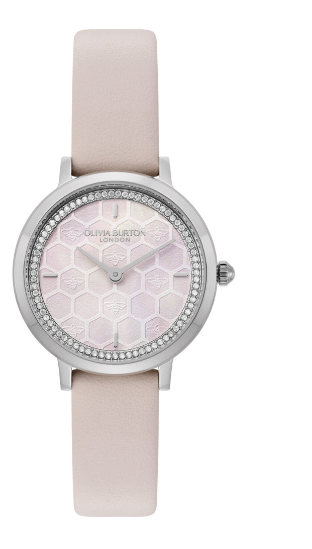Olivia Burton Signature Honeycomb Ultra Slim Silver & Primrose Leather Strap Watch 28mm