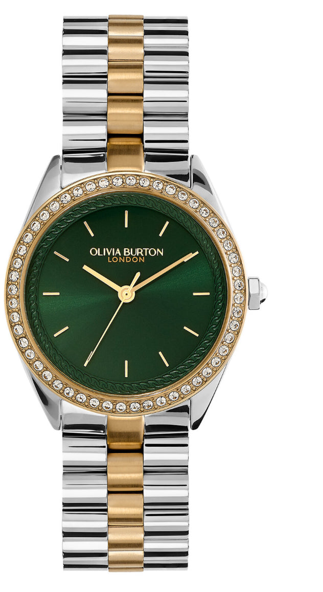 Olivia Burton Sports Luxe 34mm Bejewelled Forest Green & Two Tone Bracelet Watch