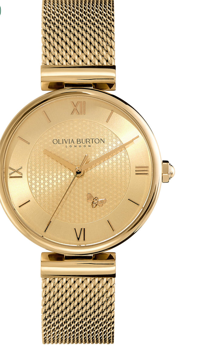 Olivia Burton Signature 36mm Minima Bee T-Bar Gold Mesh Watch