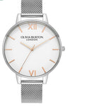 Olivia Burton Classic 38mm White & Silver Mesh Watch