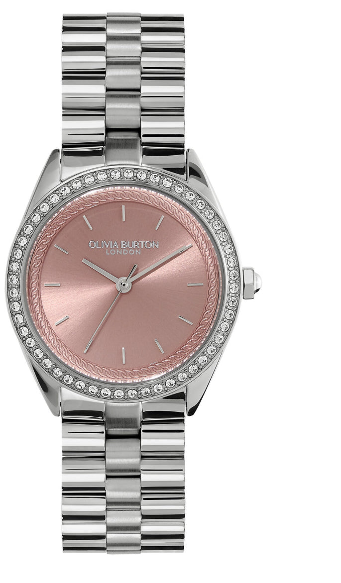 Olivia Burton Sports Luxe 34mm Bejewelled Mellow Rose & Silver Bracelet Watch