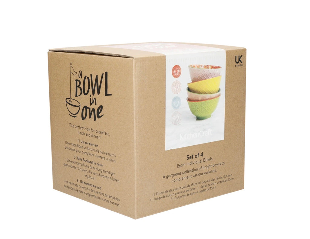 KitchenCraft Patterned Cereal Bowl Set in Gift Box Ceramic Brights Designs 15cm 14 Pieces