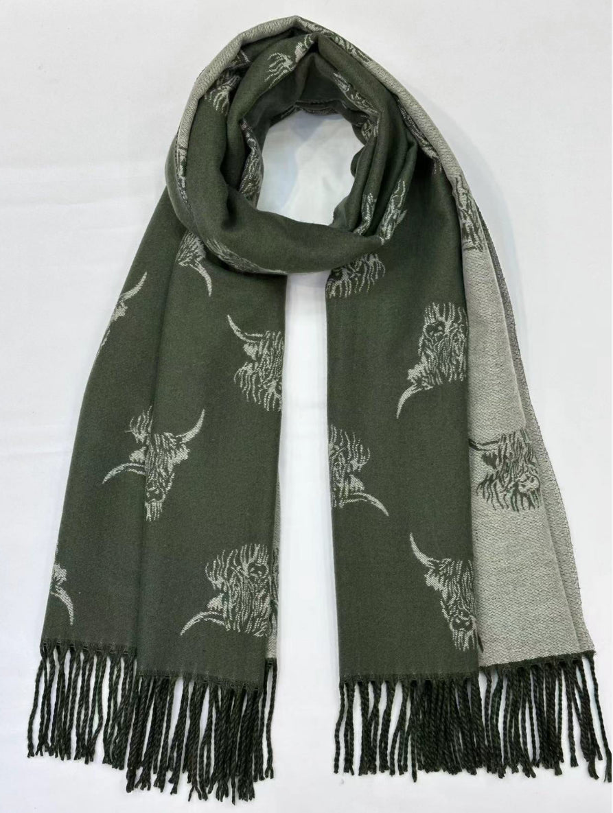 Eco Style Reversible Highland Cow 2 Scarf Olive