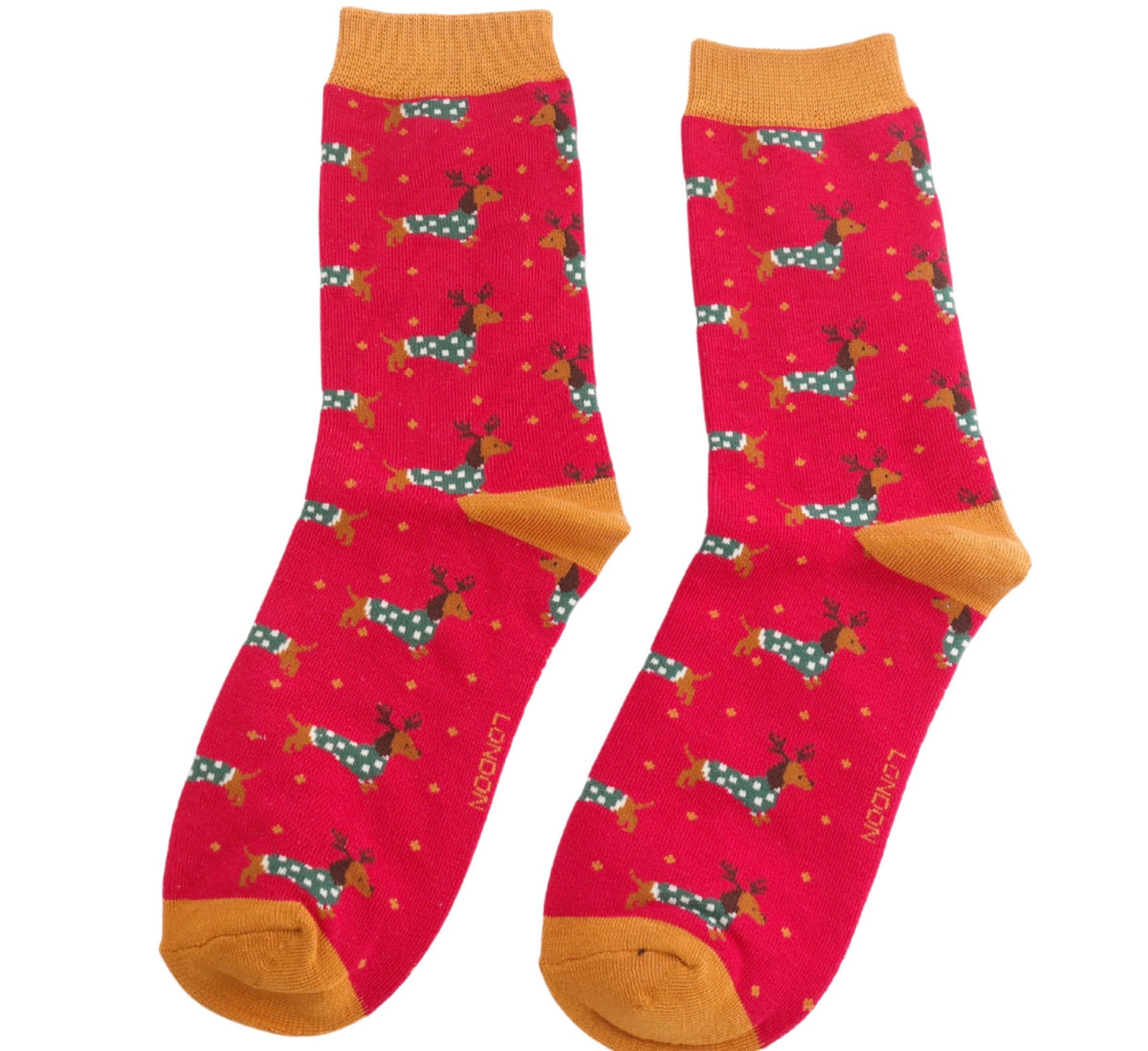 Miss Sparrow Xmas Sausage Dogs Socks Dark Red