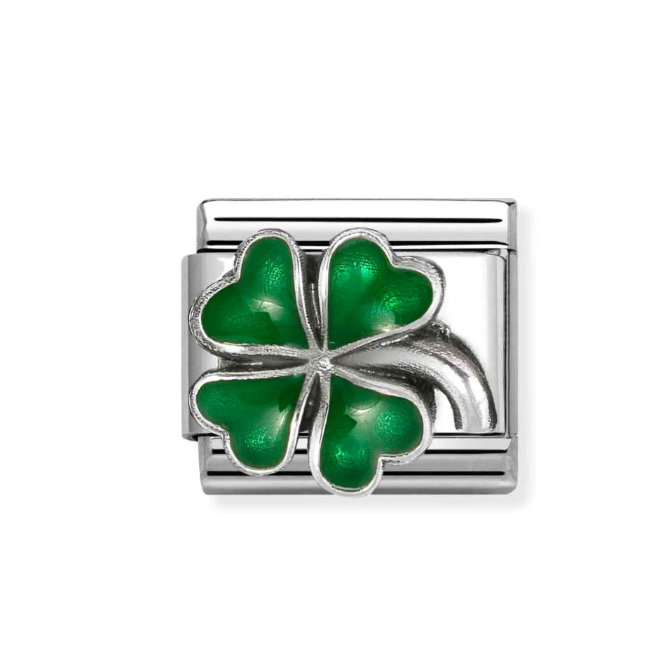 Nomination Stainless steel Link, decorated with Silver and Green enamel Luck Charm