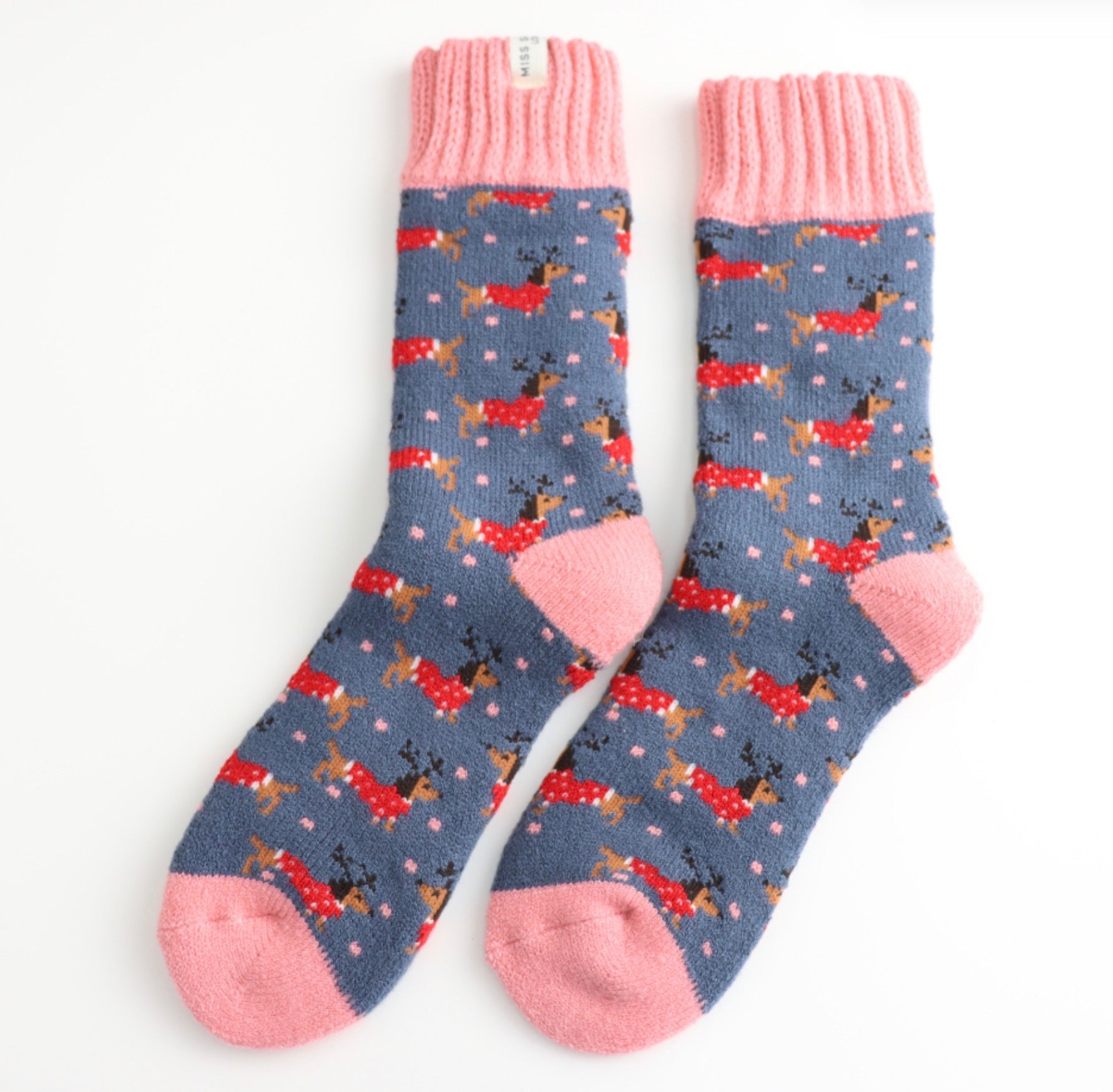 Miss Sparrow Winter Christmas Sausage Dogs Socks Denim