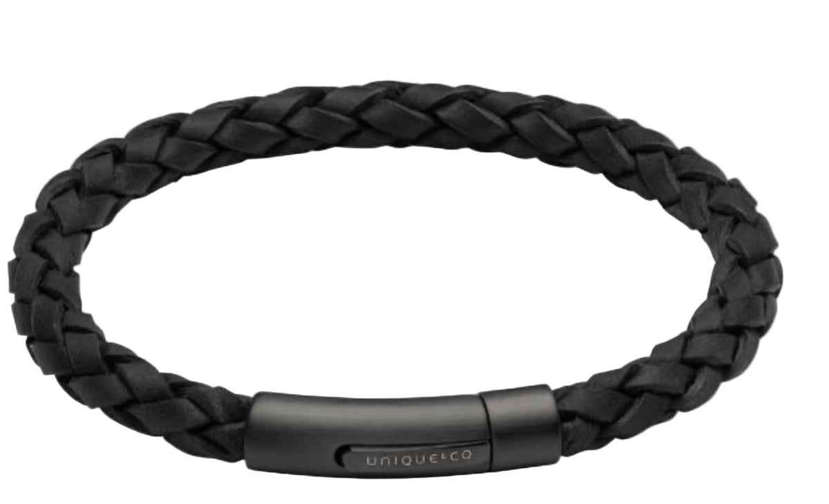 Unique And Co Men’s Black Leather Bracelet with Matte Black Clasp 21cm