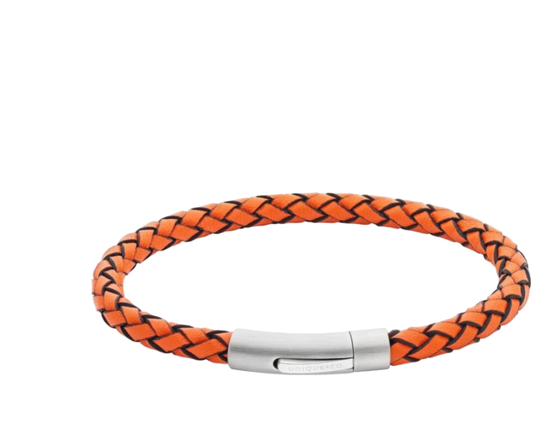 Unique And Co Men’s Orange Leather Bracelet Stainless Steel Clasp  19cm