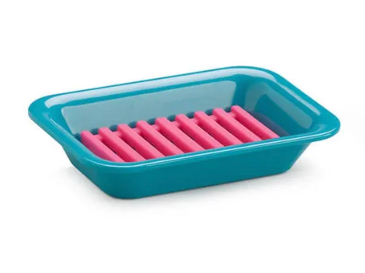 Zeal Soap Dish Two Part Melamine Aqua With Neon Pink Silicone Inner