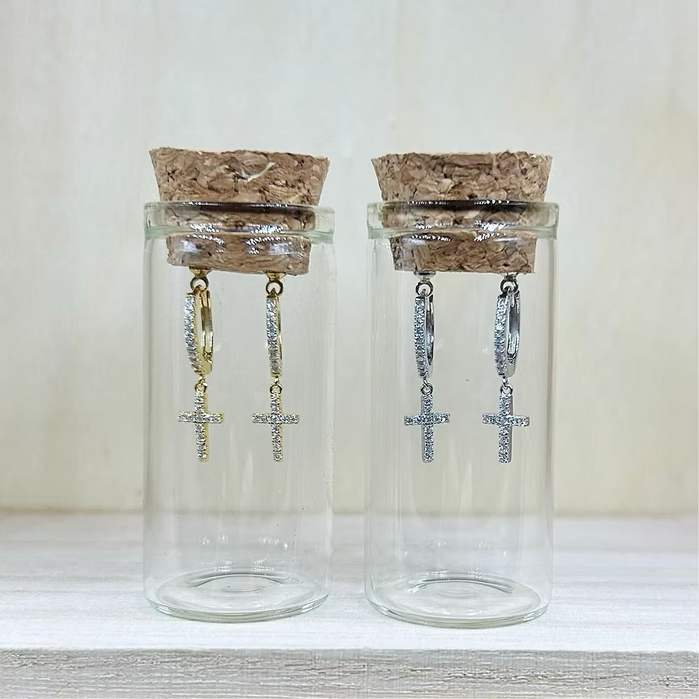 She Is Beautiful Pave Cross Huggies Sterling Silver