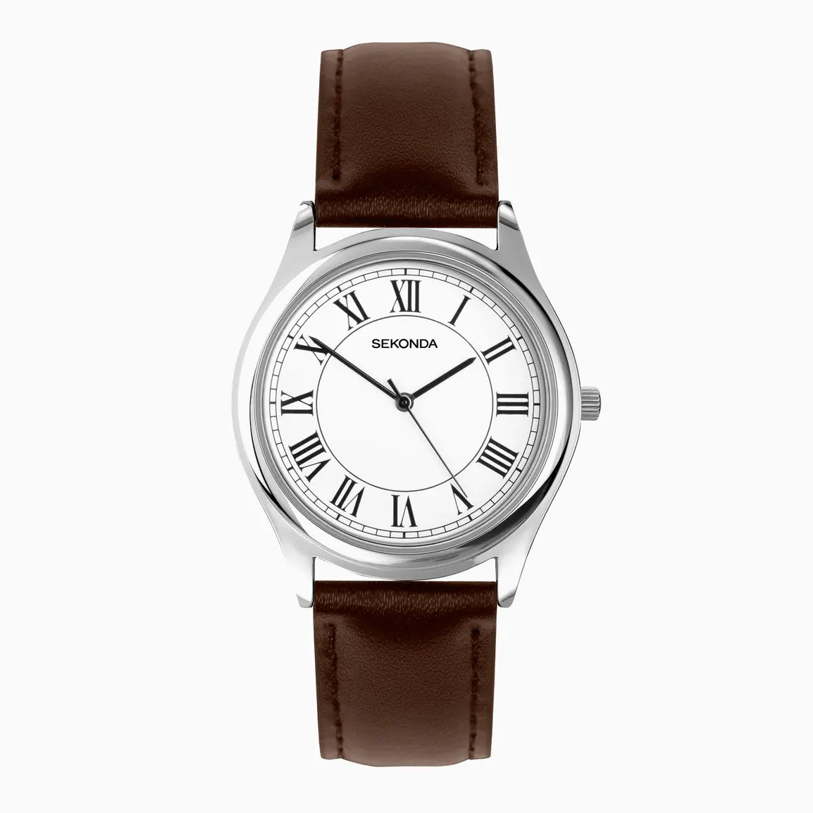 CLASSIC Sekonda Evans Men's Watch Silver Alloy Case And Brown Leather Strap with White Dial