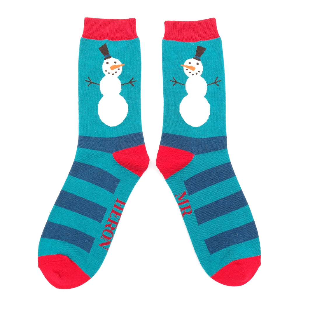 Mr Heron Snowmen Stripes Socks Teal