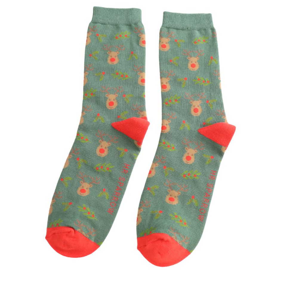 Mr Sparrow Reindeer and Holly Socks Green