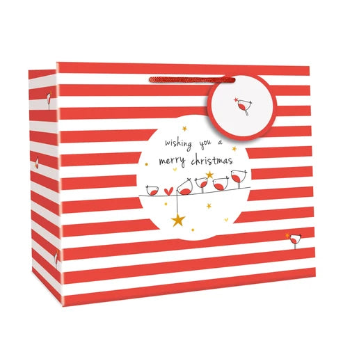 Belly Button Christmas Robin and Stripes Large Giftbag
