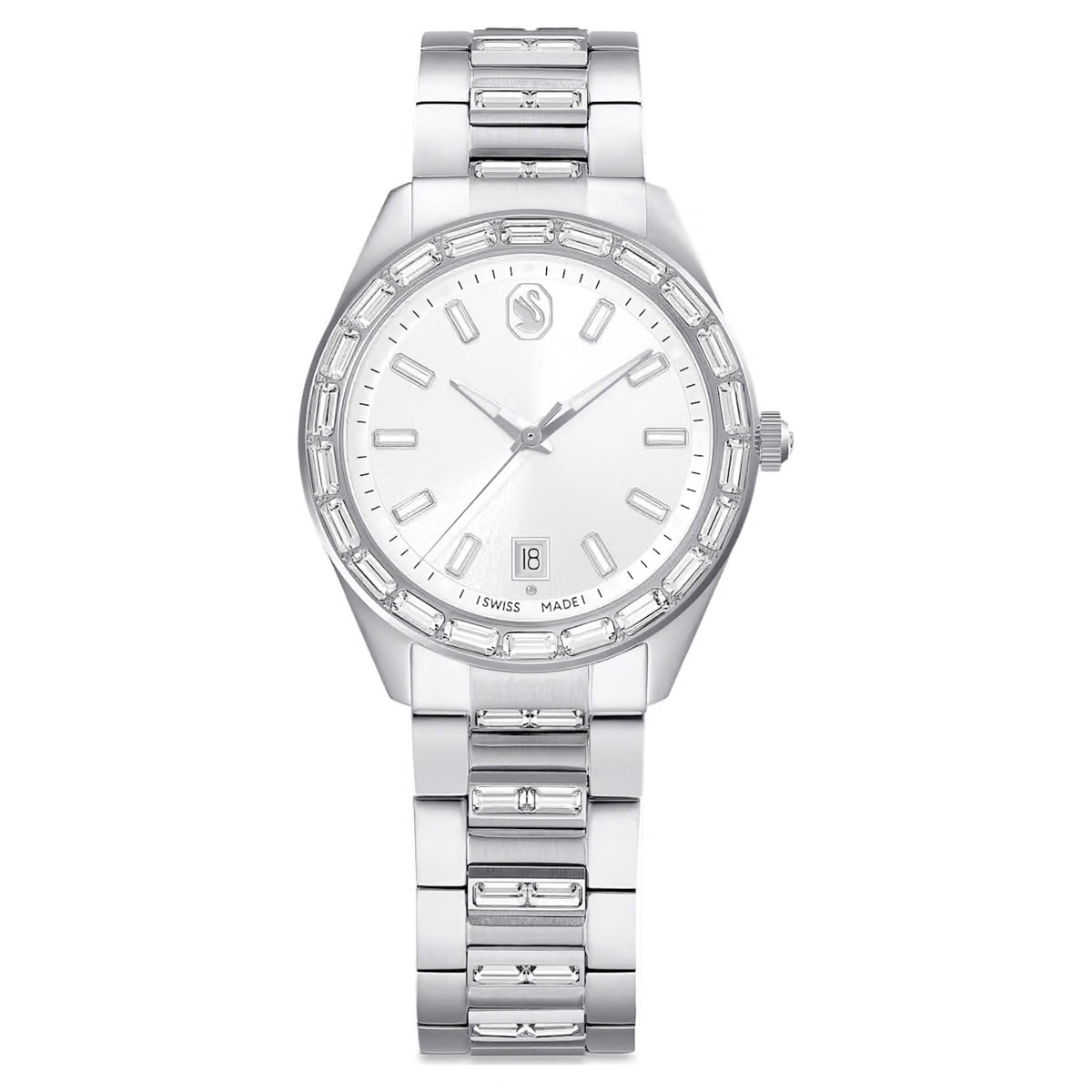 Swarovski Matrix Date Watch Swiss Made Metal Bracelet Silver Tone Stainless Steel