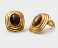Tiger's Eye Waterproof Gold Button Stud Earrings