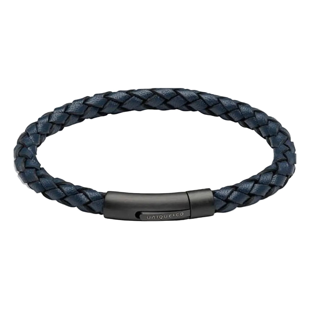 Men’s Unique & Co Navy Leather Bracelet With Matte Black Steel Clasp 19cm