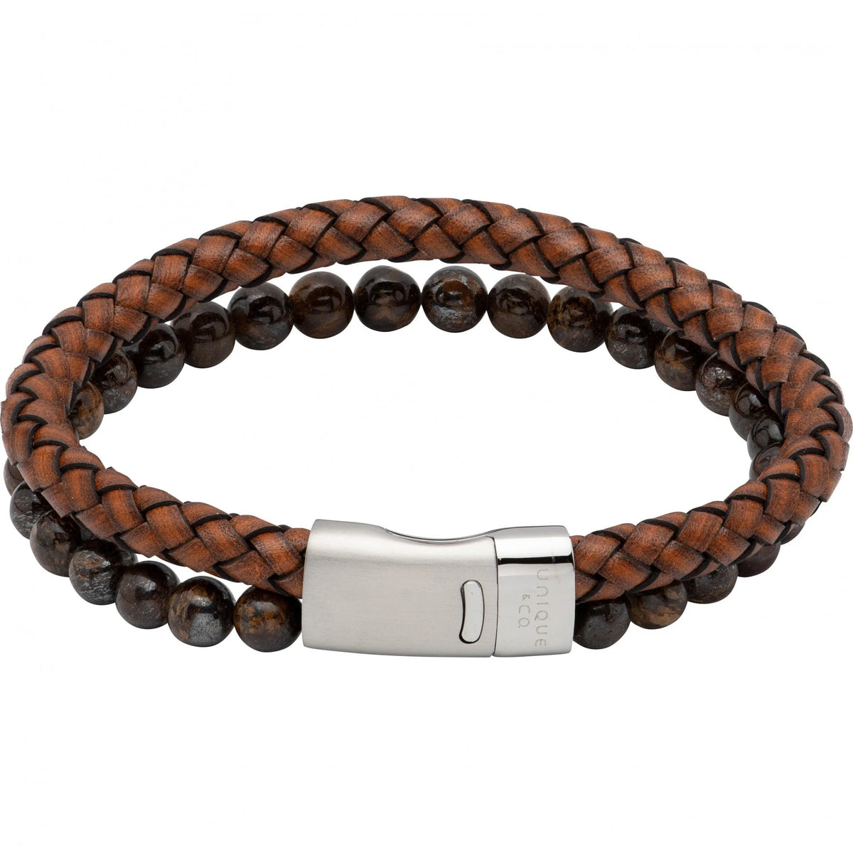 Men’s Unique & Co Black Leather Bracelet With Tiger Eye & Black 21cm