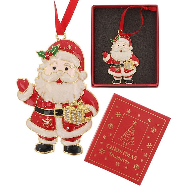 Christmas Treasures Santa With Present Enamel Hanging Decoration