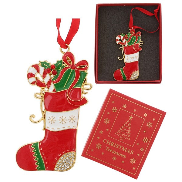 Christmas Treasures Stocking With Present Enamel Hanging Decoration