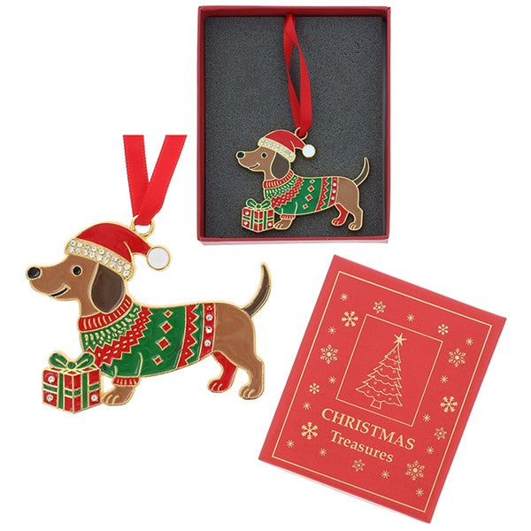 Christmas Treasures Sausage Dog With Present Enamel Hanging Decoration