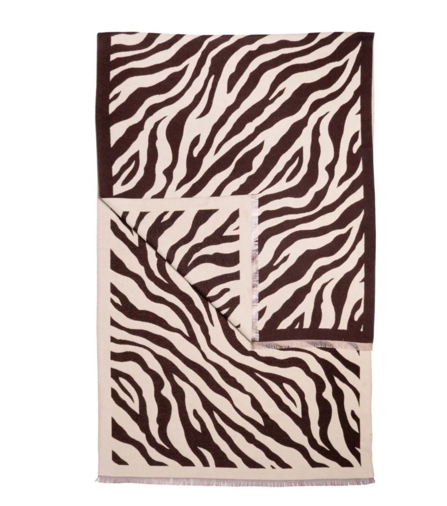 Loxley Lane Chocolate Wrap Scarf Zebra Print with Fringed Edge