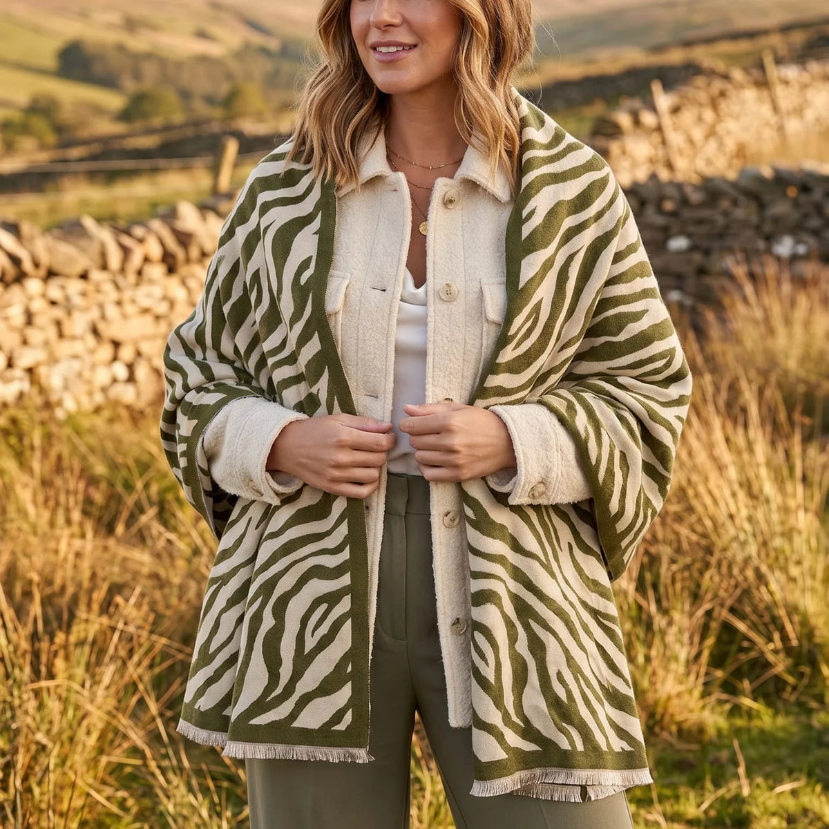 Loxley Lane Green Wrap Scarf Zebra Print with Fringed Edge