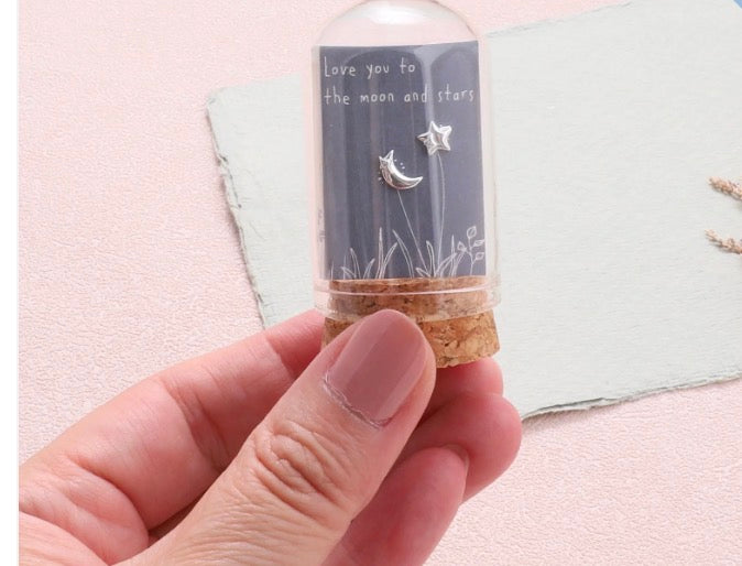 Attic Creations LOVE YOU TO THE MOON AND STARS Asymmetrical Moon and Star Silver Earrings
