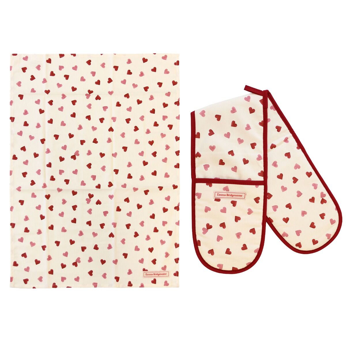 Emma Bridgewater Double Oven Glove And Tea Towel Set Pink Hearts