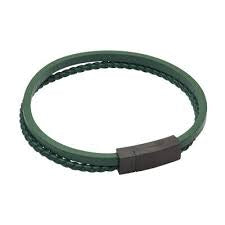 Fredbennet Recycled Green Leather Bracelet Black IP Stainless Steel 22cm