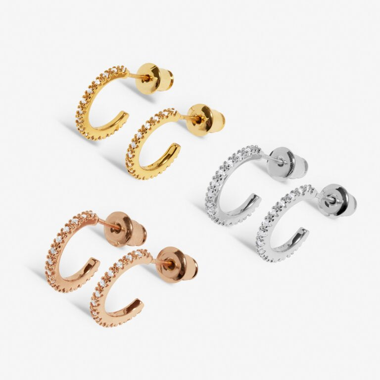 Joma Jewellery Mini Charms Three Tone Pave Silver Gold & Rose Gold Plated Hoop Earrings