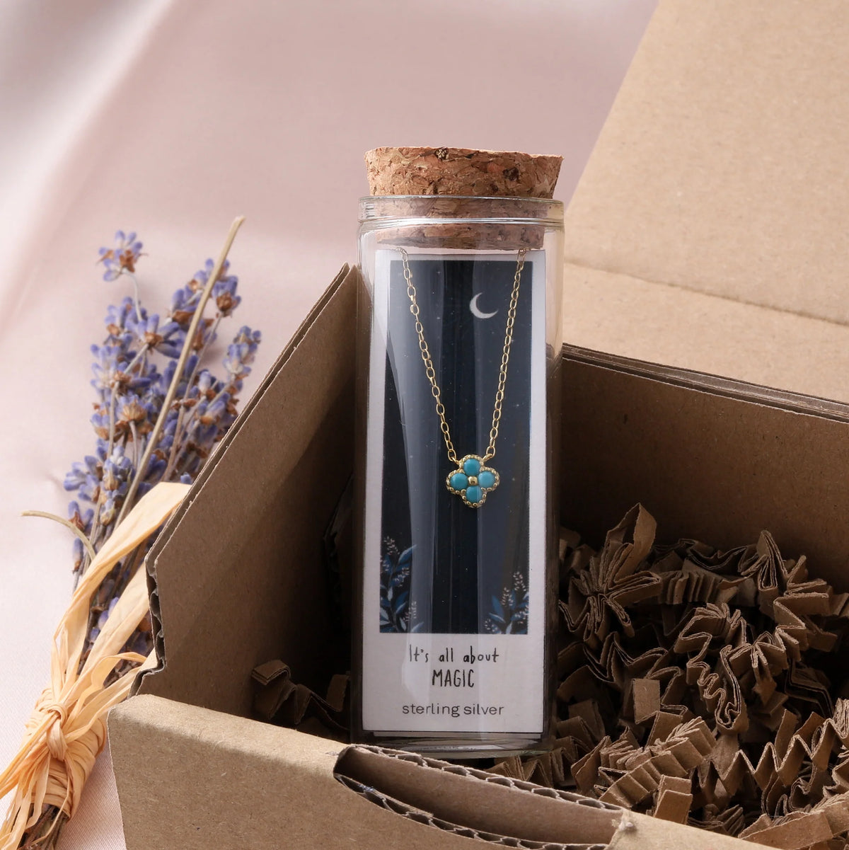 Attic Creations Its All About Magic Turquoise Four Petal Clover Necklace Sterling Silver Gold Plated