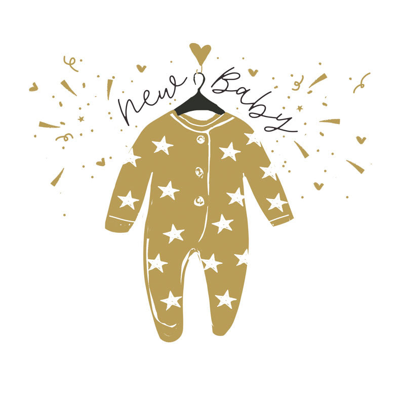 Piano Greetings Card New Baby Gold Babygrow