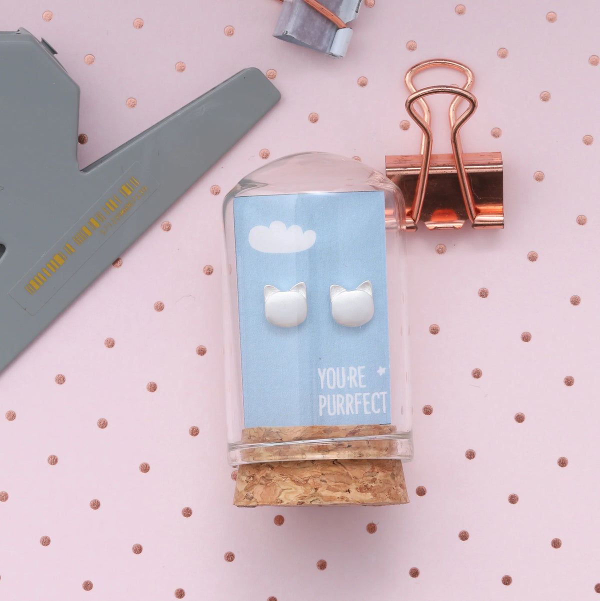 Attic Creations Little Note Cat Head Earrings Sterling Silver