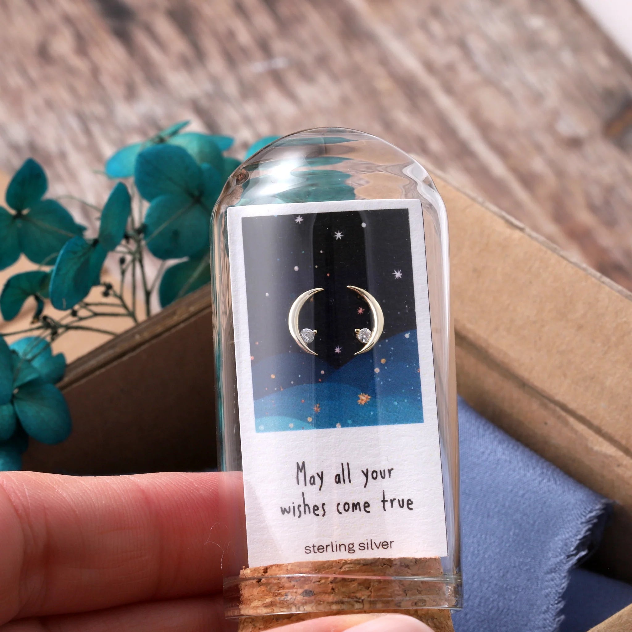 Attic Creations Moon Earrings With Crystal May Your Wishes Come True Sterling Silver Gold Plated