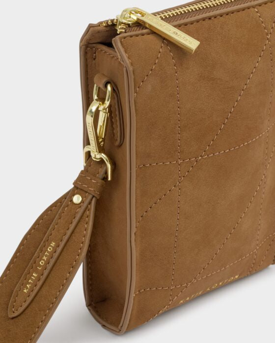 Katie Loxton Avery Slim Crossbody Bag Caramel Quilted Suedette