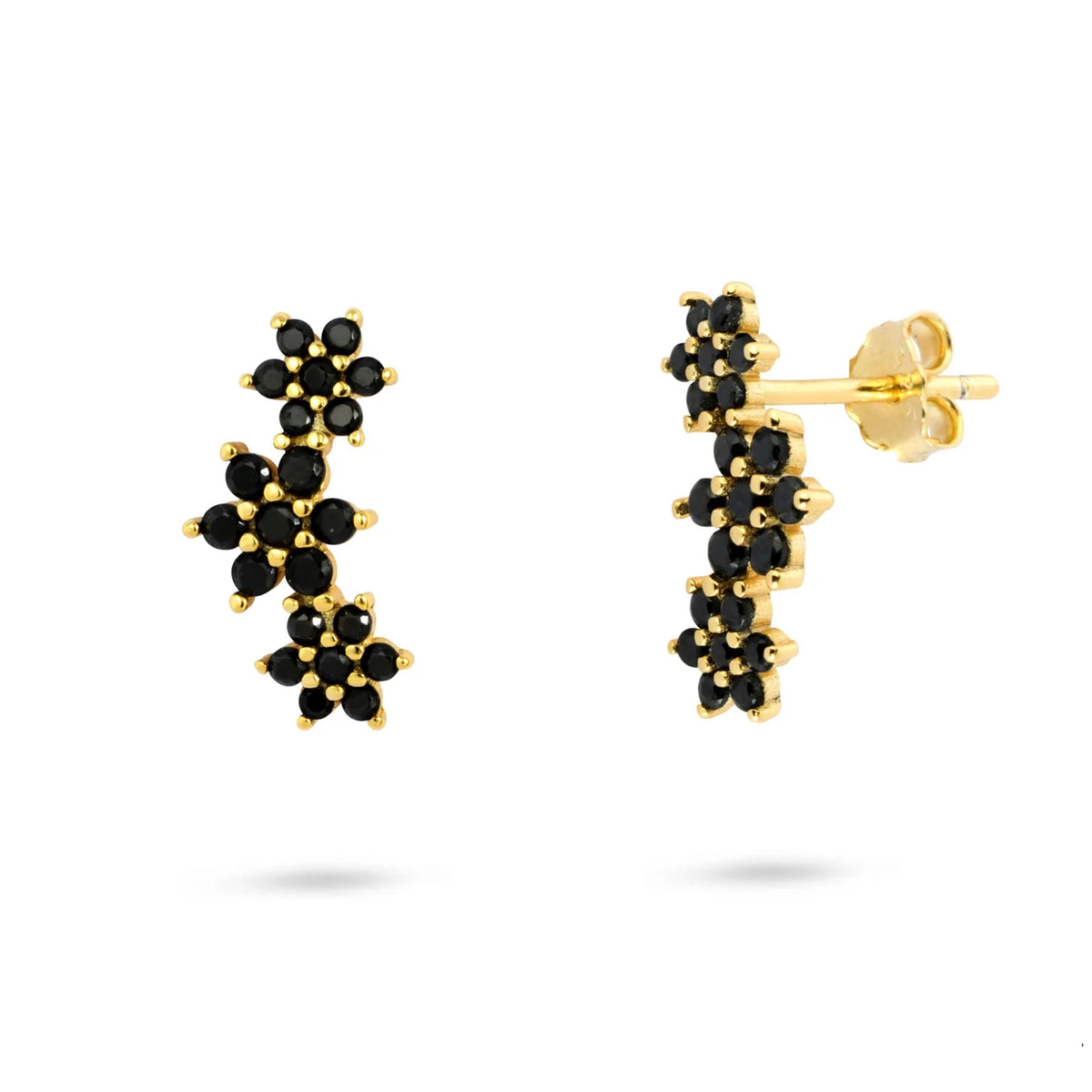 Black Crystal Flower Ear Climbers Gold