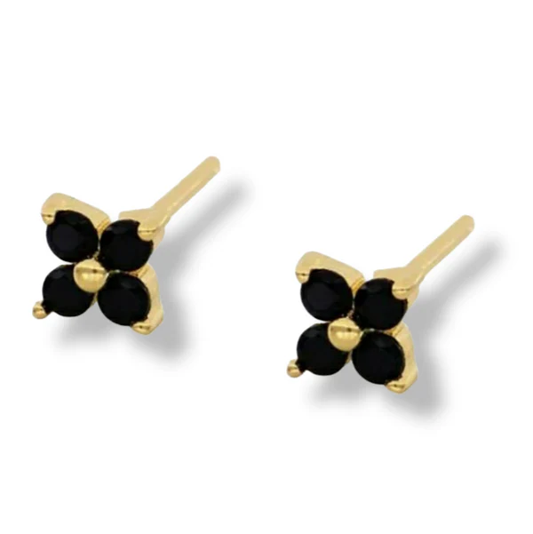 Black Crystal Flower Studs Gold