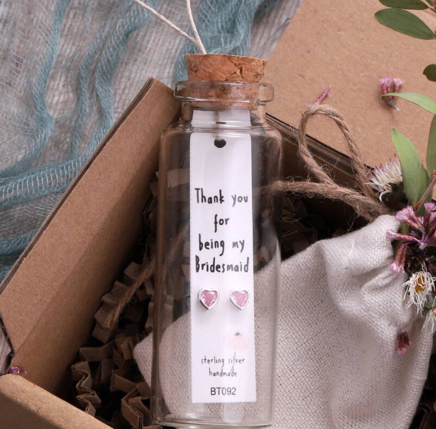 Attic Creations Message Bottle Bridesmaid Thank You Pink Heart Earrings