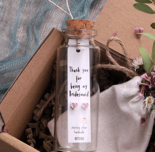 Attic Creations Message Bottle Bridesmaid Thank You Pink Heart Earrings
