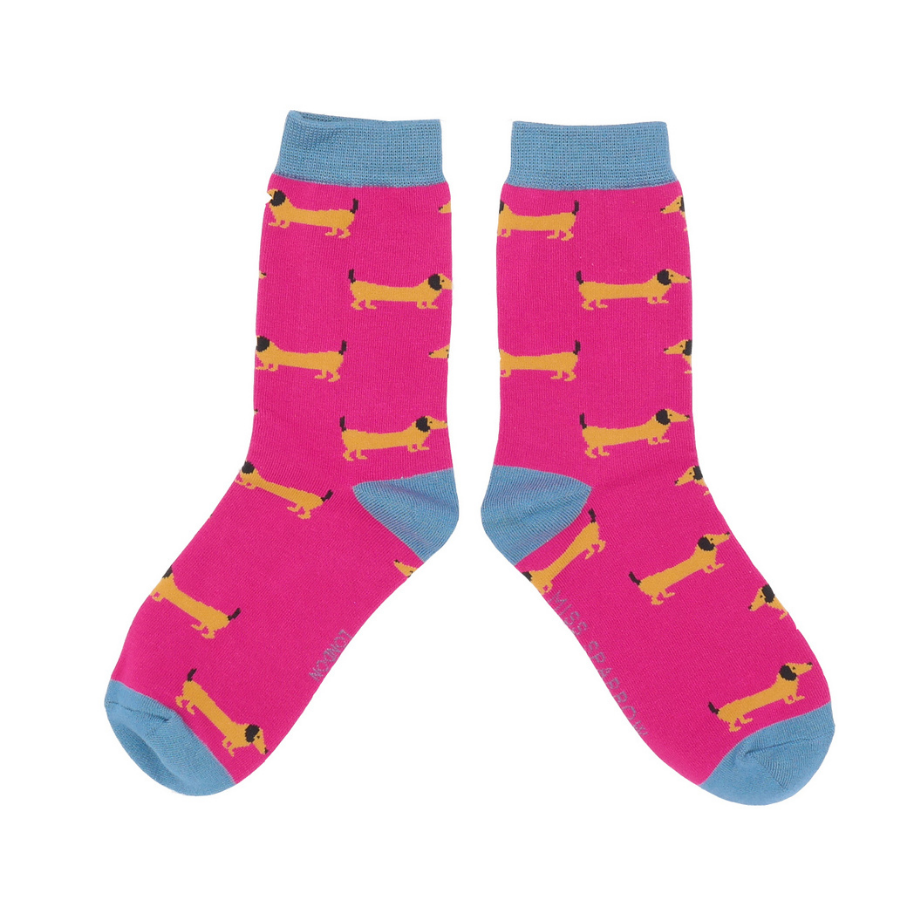 Miss Sparrow Sausage Dogs Socks Hot Pink