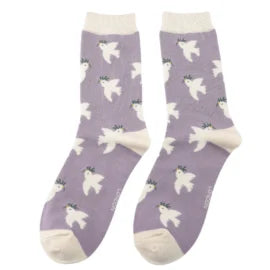 Miss Sparrow White Doves Socks Purple